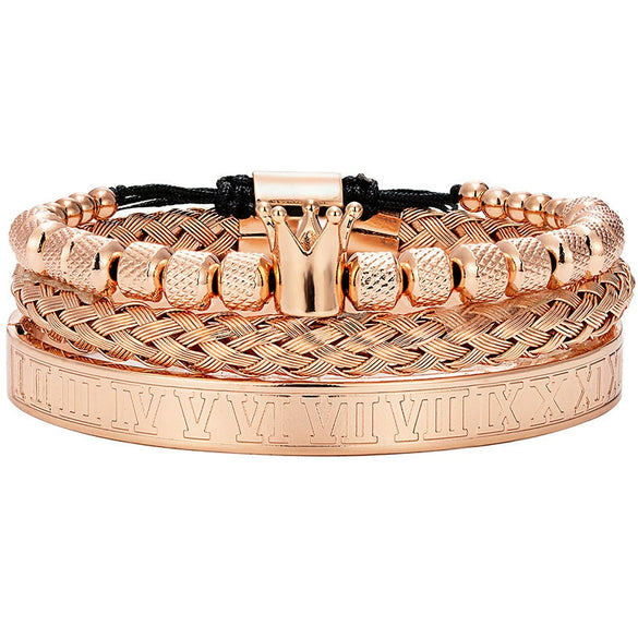 Titanium Steel And Copper Roman Letter Twist Open Bracelet Set With Crown Woven Design Electroplated Fashion Jewelry For Unisex