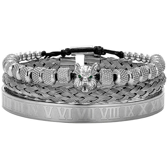 Titanium Steel And Copper Roman Letter Twist Open Bracelet Set With Crown Woven Design Electroplated Fashion Jewelry For Unisex
