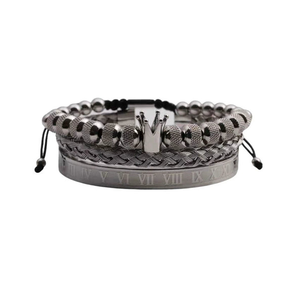 Titanium Steel And Copper Roman Letter Twist Open Bracelet Set With Crown Woven Design Electroplated Fashion Jewelry For Unisex
