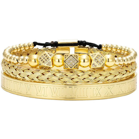 Titanium Steel And Copper Roman Letter Twist Open Bracelet Set With Crown Woven Design Electroplated Fashion Jewelry For Unisex