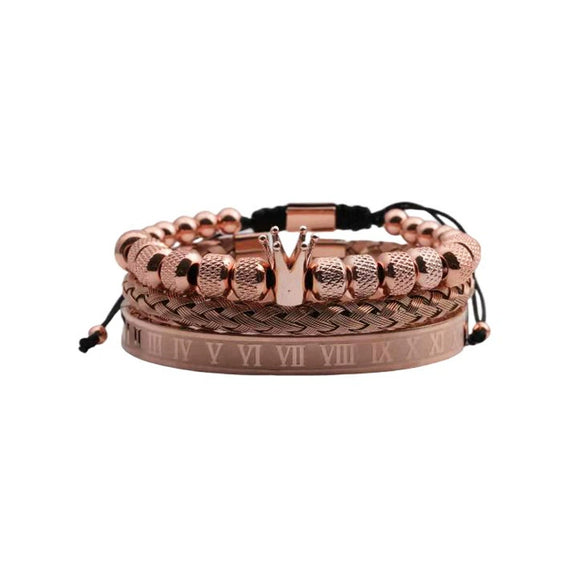 Titanium Steel And Copper Roman Letter Twist Open Bracelet Set With Crown Woven Design Electroplated Fashion Jewelry For Unisex