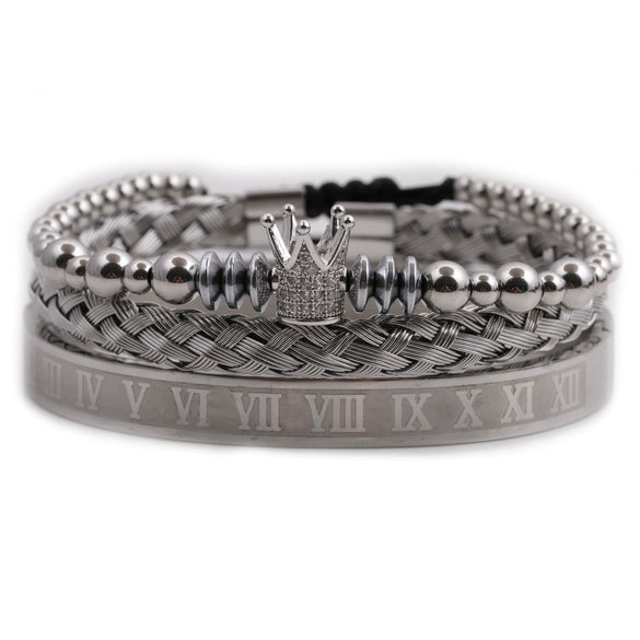 Titanium Steel And Copper Roman Letter Twist Open Bracelet Set With Crown Woven Design Electroplated Fashion Jewelry For Unisex