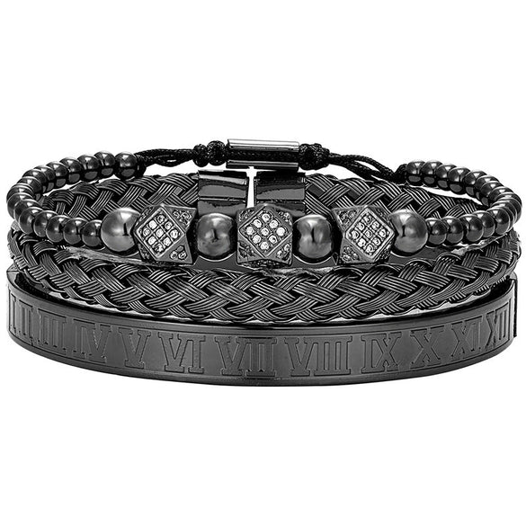 Titanium Steel And Copper Roman Letter Twist Open Bracelet Set With Crown Woven Design Electroplated Fashion Jewelry For Unisex