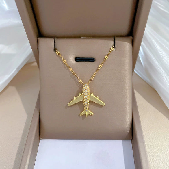 Titanium Steel And Copper Unisex Clavicle Chain With Threedimensional Aircraft Pendant And Geometric Pattern Light Luxury Style