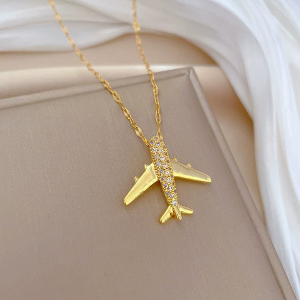 Titanium Steel And Copper Unisex Clavicle Chain With Threedimensional Aircraft Pendant And Geometric Pattern Light Luxury Style