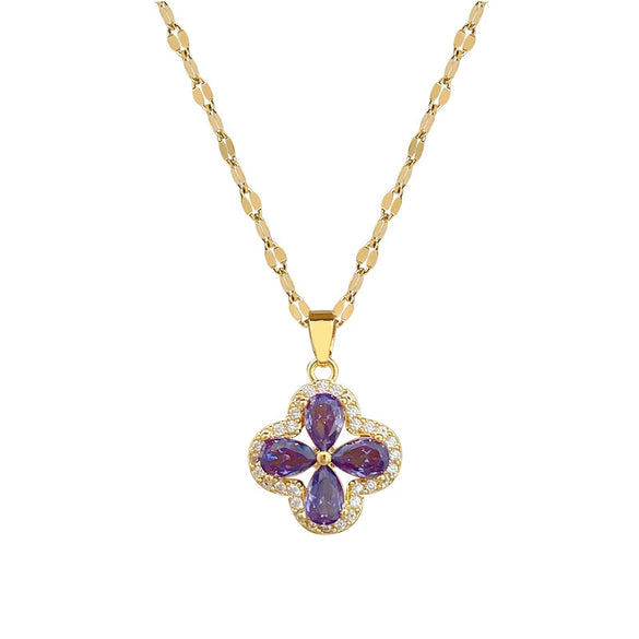 Titanium Steel And Copper Women's Cartoon Style Microinlaid Zircon Amethyst Fourleaf Flower Pendant Lip Chain Jewelry With Cross Crown Roman Numerals Electroplating
