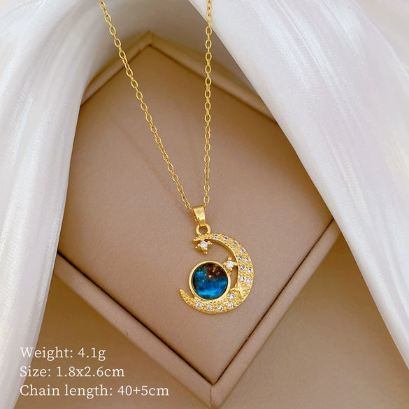 Titanium Steel And Copper Women's Geometric Style Planet Starry Sky Diamond Microinlay Necklace