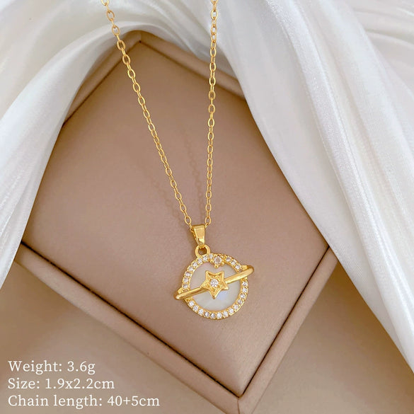 Titanium Steel And Copper Women's Geometric Style Planet Starry Sky Diamond Microinlay Necklace