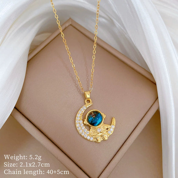 Titanium Steel And Copper Women's Geometric Style Planet Starry Sky Diamond Microinlay Necklace