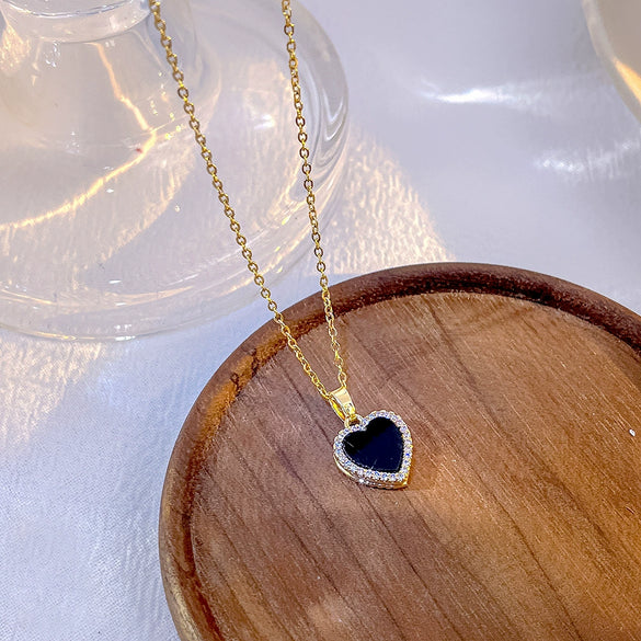 Titanium Steel And Copper Women's Heartshaped Geometric Doublesided Love Pendant Diamond Clavicle Chain Jewelry