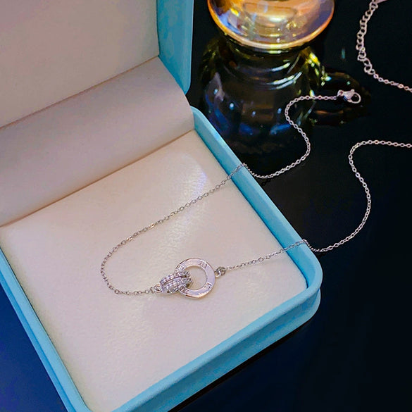Titanium Steel And Copper Women's Light Luxury Geometric Diamond Roman Double Ring Pendant Necklace With Cross Chain