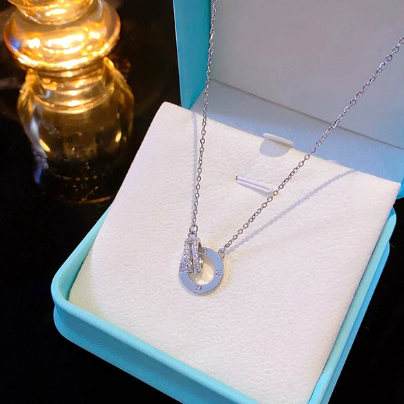Titanium Steel And Copper Women's Light Luxury Geometric Diamond Roman Double Ring Pendant Necklace With Cross Chain