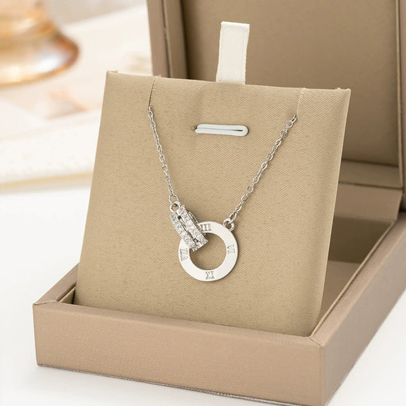 Titanium Steel And Copper Women's Light Luxury Geometric Diamond Roman Double Ring Pendant Necklace With Cross Chain