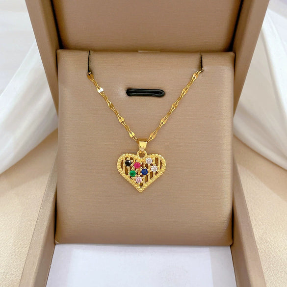 Titanium Steel And Copper Women's Love Heart Necklace With Diamond Microinlay And Geometric Design Cartoon Style