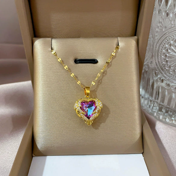 Titanium Steel And Copper Women's Love Heart Necklace With Diamond Microinlay And Geometric Design Cartoon Style