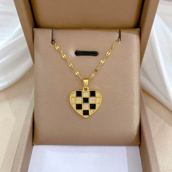 Titanium Steel And Copper Women's Love Heart Necklace With Diamond Microinlay And Geometric Design Cartoon Style