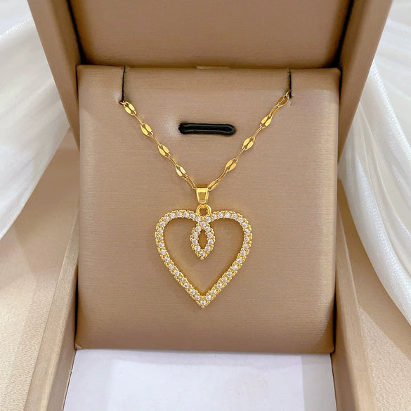 Titanium Steel And Copper Women's Love Heart Necklace With Diamond Microinlay And Geometric Design Cartoon Style