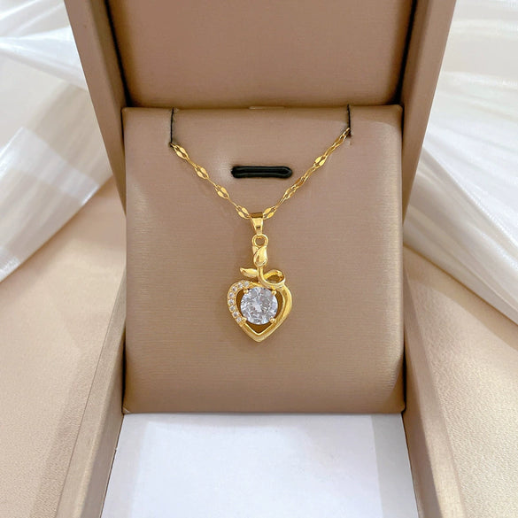 Titanium Steel And Copper Women's Love Heart Necklace With Diamond Microinlay And Geometric Design Cartoon Style