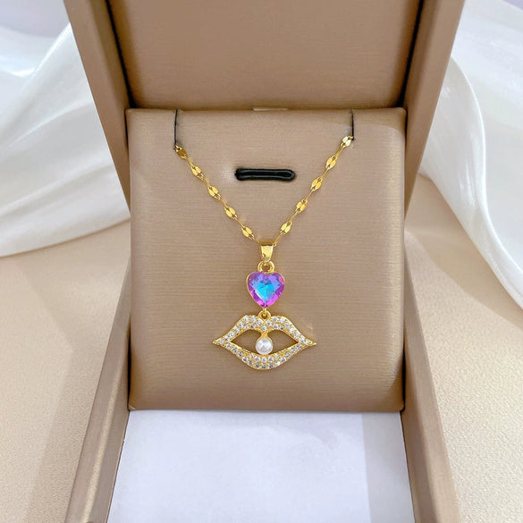 Titanium Steel And Copper Women's Love Heart Necklace With Diamond Microinlay And Geometric Design Cartoon Style