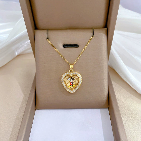 Titanium Steel And Copper Women's Love Heart Necklace With Diamond Microinlay And Geometric Design Cartoon Style