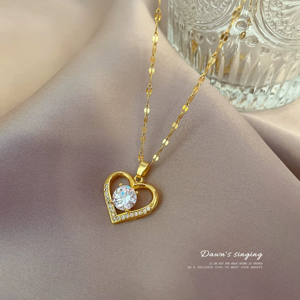 Titanium Steel And Copper Women's Love Heart Necklace With Diamond Microinlay And Geometric Design Cartoon Style