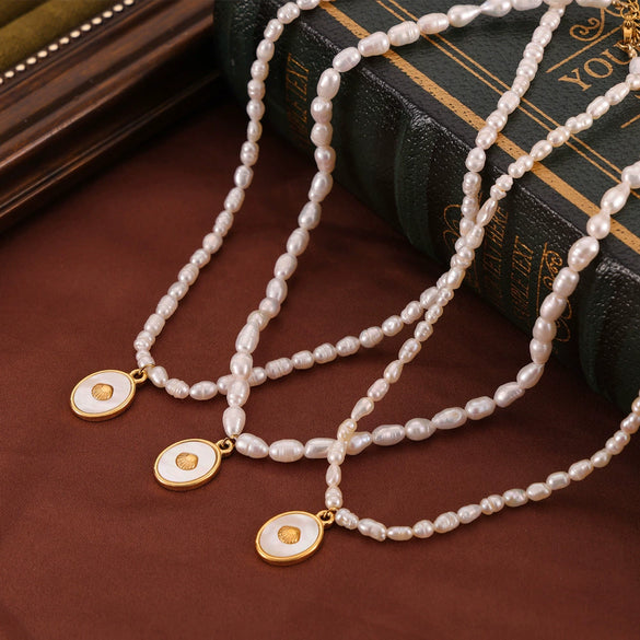 Titanium Steel And Pearl Pendant Necklace With Geometric Style And Electroplating Treatment
