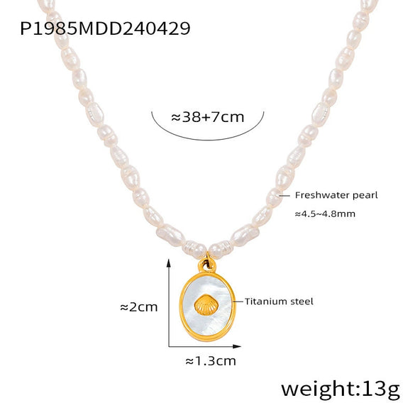 Titanium Steel And Pearl Pendant Necklace With Geometric Style And Electroplating Treatment