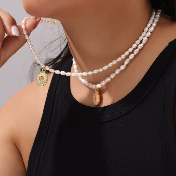 Titanium Steel And Pearl Pendant Necklace With Geometric Style And Electroplating Treatment
