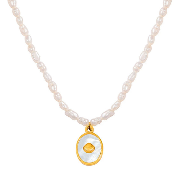 Titanium Steel And Pearl Pendant Necklace With Geometric Style And Electroplating Treatment