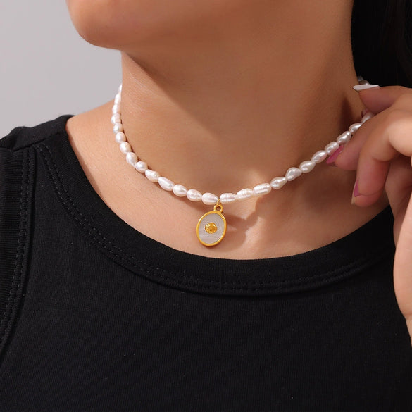 Titanium Steel And Pearl Pendant Necklace With Geometric Style And Electroplating Treatment