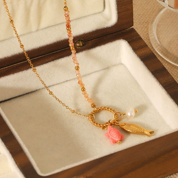 Titanium Steel And Stainless Steel Animal Turtle Goldfish Pearl Pendant O Word Chain Necklace With Electroplating