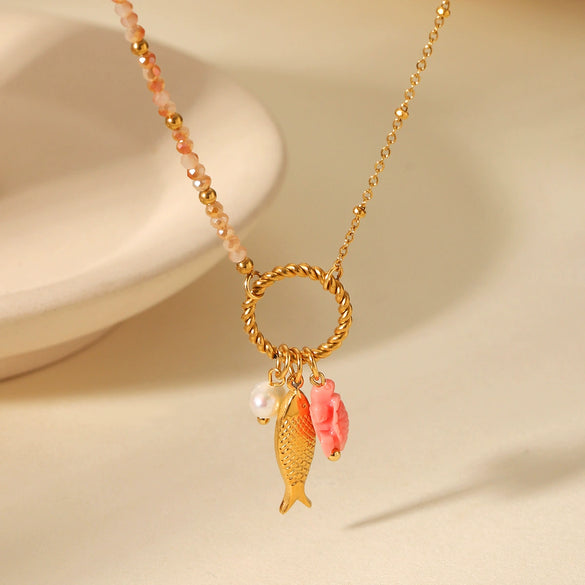 Titanium Steel And Stainless Steel Animal Turtle Goldfish Pearl Pendant O Word Chain Necklace With Electroplating