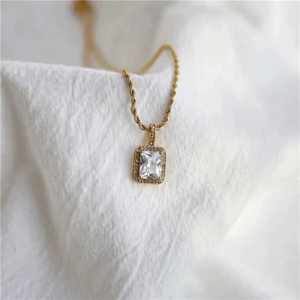 Titanium Steel And Stainless Steel Chain With Zircon And Diamond Square Twist Pendant Electroplating Geometric Style For Women