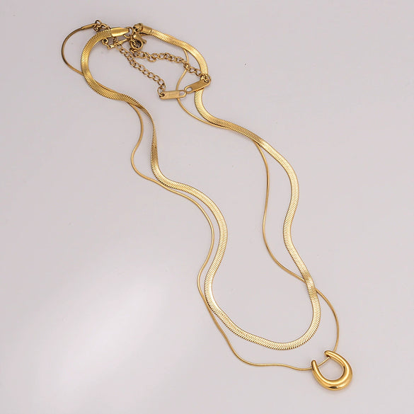 Titanium Steel And Stainless Steel Double Layer Stacked U Shaped Pendant Clavicle Chain With Electroplating Unisex Style