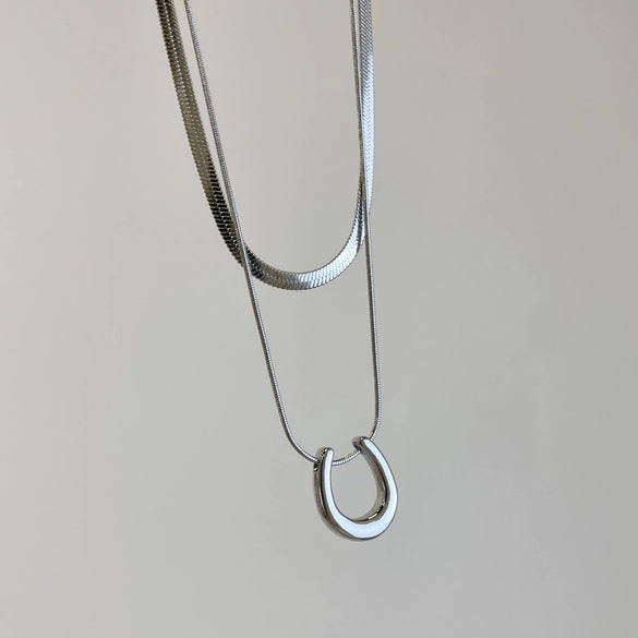 Titanium Steel And Stainless Steel Double Layer Stacked U Shaped Pendant Clavicle Chain With Electroplating Unisex Style