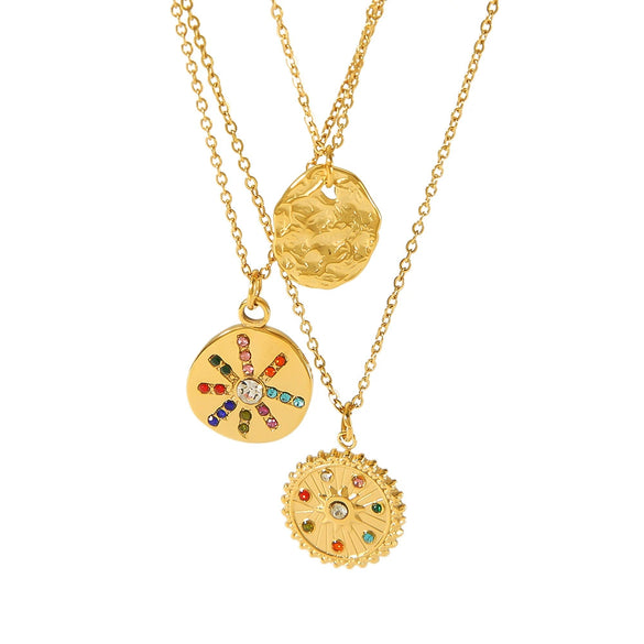 Titanium Steel And Stainless Steel Geometric Round Pendant Necklace With Colored Diamond Embossed And Inlaid Zircon
