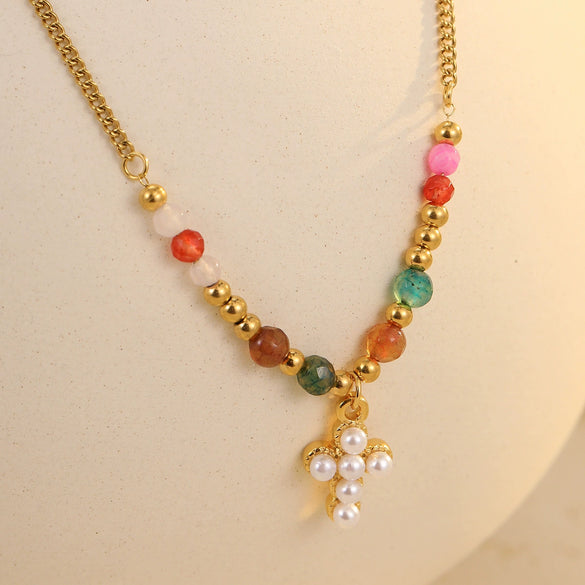Titanium Steel And Stainless Steel Necklace With Geometric Sun Cross Pendant Electroplated Fashion Design For Women