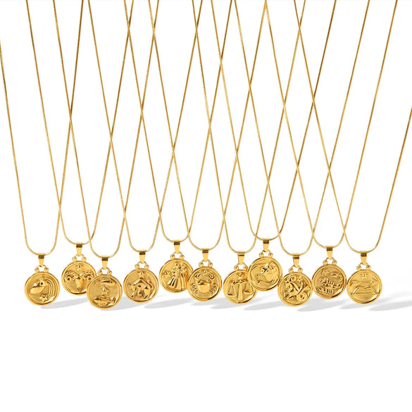 Titanium Steel And Stainless Steel Women's Constellation Pendant Necklace 18K Goldplated With Snake Bone Chain