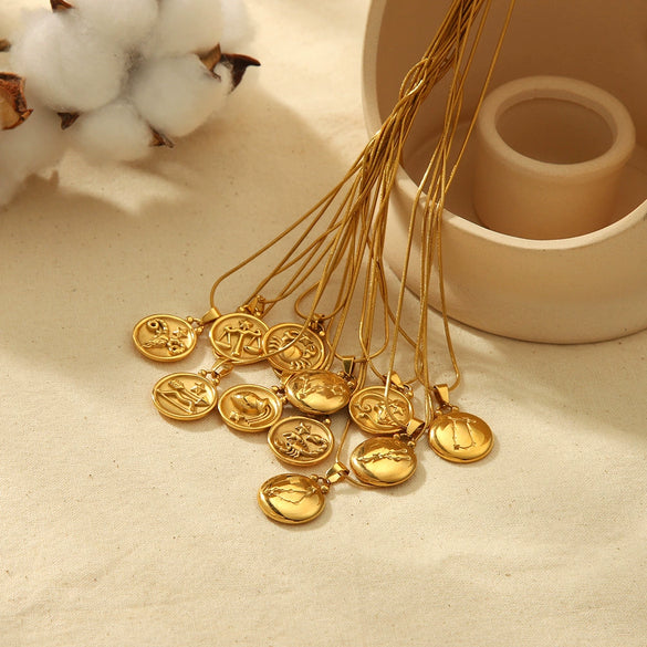 Titanium Steel And Stainless Steel Women's Constellation Pendant Necklace 18K Goldplated With Snake Bone Chain