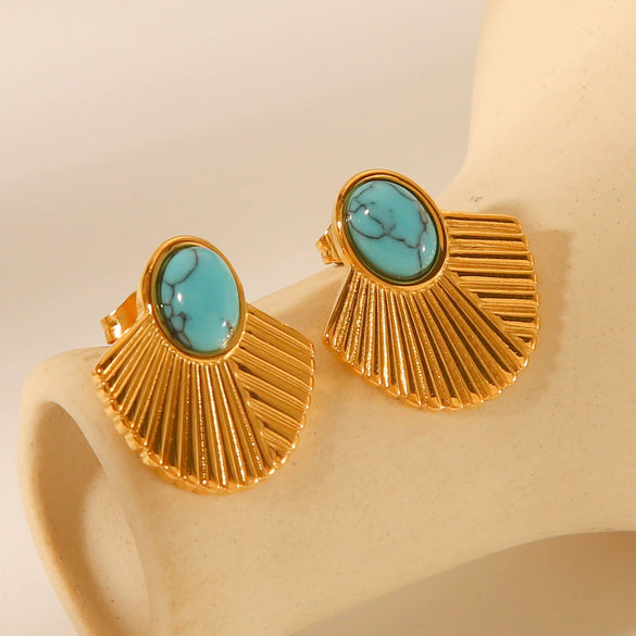 Titanium Steel And Stainless Steel Women's Earrings With Turquoise Inlaid Geometric And Fanshaped Design