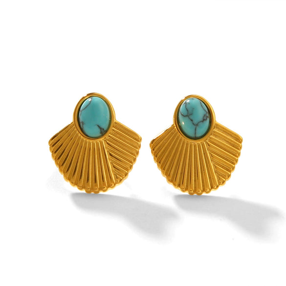 Titanium Steel And Stainless Steel Women's Earrings With Turquoise Inlaid Geometric And Fanshaped Design