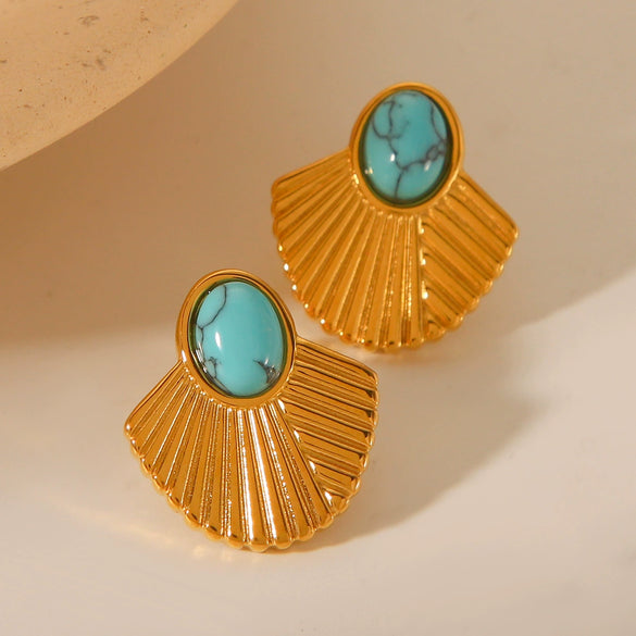Titanium Steel And Stainless Steel Women's Earrings With Turquoise Inlaid Geometric And Fanshaped Design