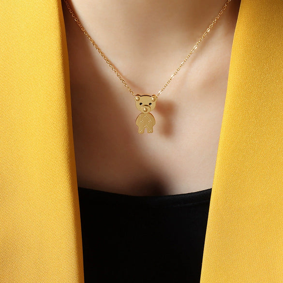 316L Stainless Steel Animal Bear Pendant Necklace Women's Jewelry Inlaid Zircon Electroplated