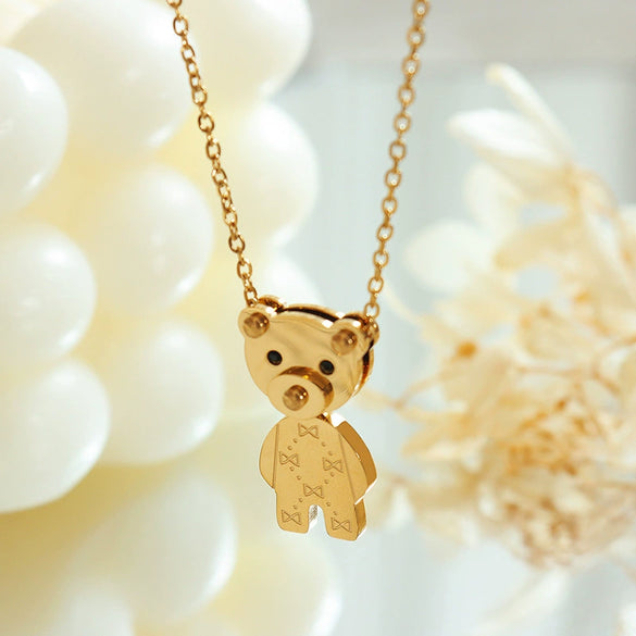 316L Stainless Steel Animal Bear Pendant Necklace Women's Jewelry Inlaid Zircon Electroplated