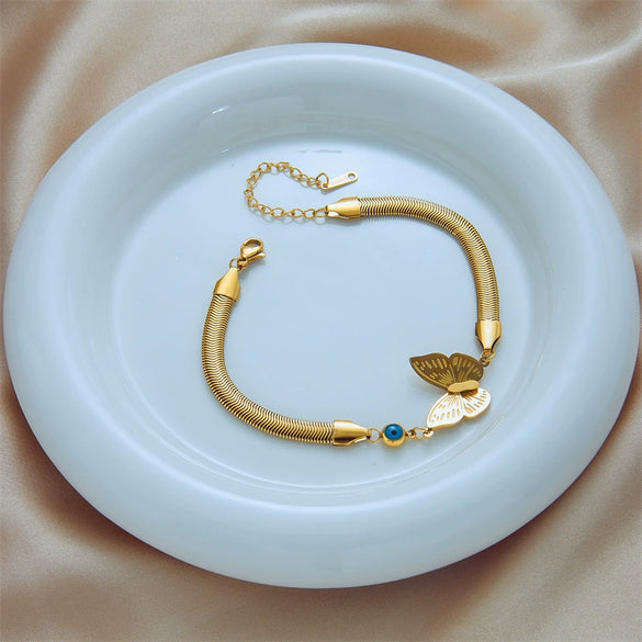 Titanium Steel Animal Style Snake Bone Chain With Three Dimensional Butterfly Connection And Blue Eyes Pendant Jewelry Bracelet For Women