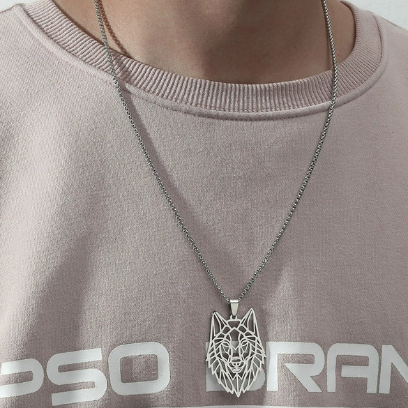 Titanium Steel Animal Wolf Head Cut Out Pendant Necklace For Men Electroplated Punk Style