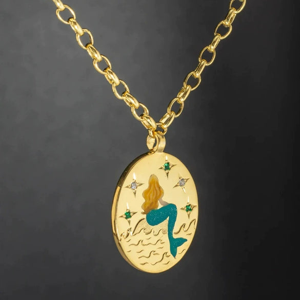 Titanium Steel Animal Zodiac Oil Dripping Rabbit Element Pet Oval Tarot Card Necklace 18K Gold Electroplated