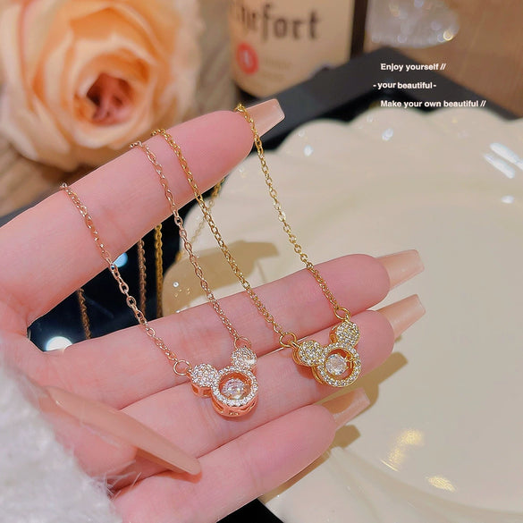 Titanium Steel Animals Bear Pendant Necklace With Microinlaid Zircon For Women