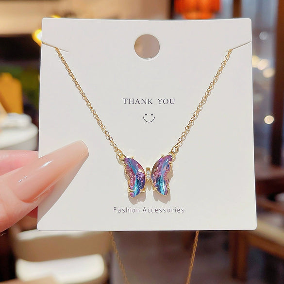 Titanium Steel Animals Butterfly Pendant Necklace With Precious Stones For Women