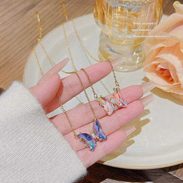 Titanium Steel Animals Butterfly Pendant Necklace With Precious Stones For Women